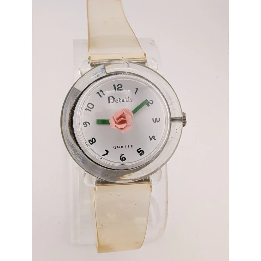 Vintage Details Women's Watch 3D Rose Rotating Seconds Hands Clear Case- Works
